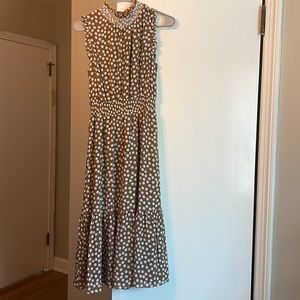 JCrew maxi brown and white polka dot high neck dress